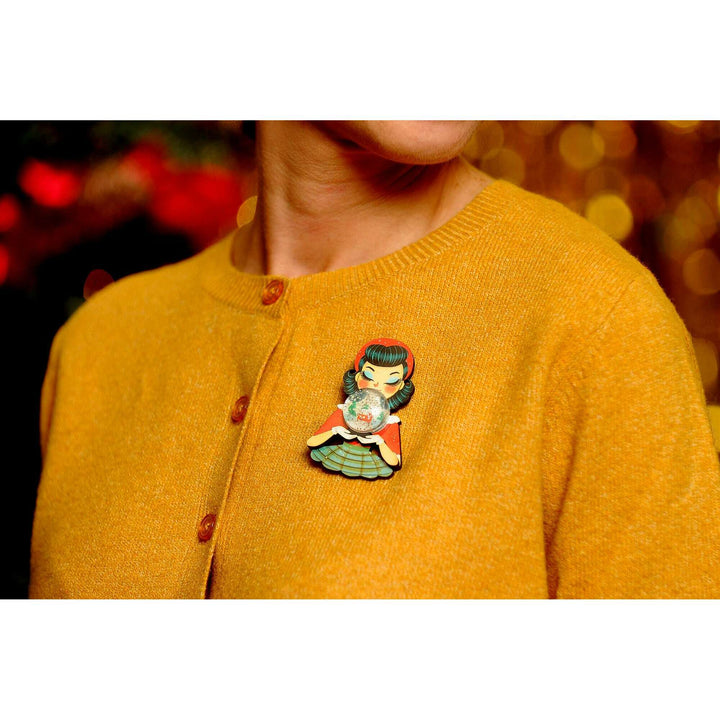 Girl with Snowman Snow Globe Brooch