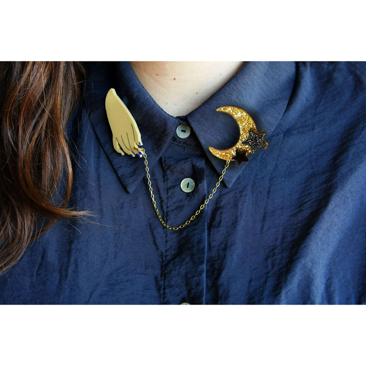 Hand and Moon Double brooch by Laliblue