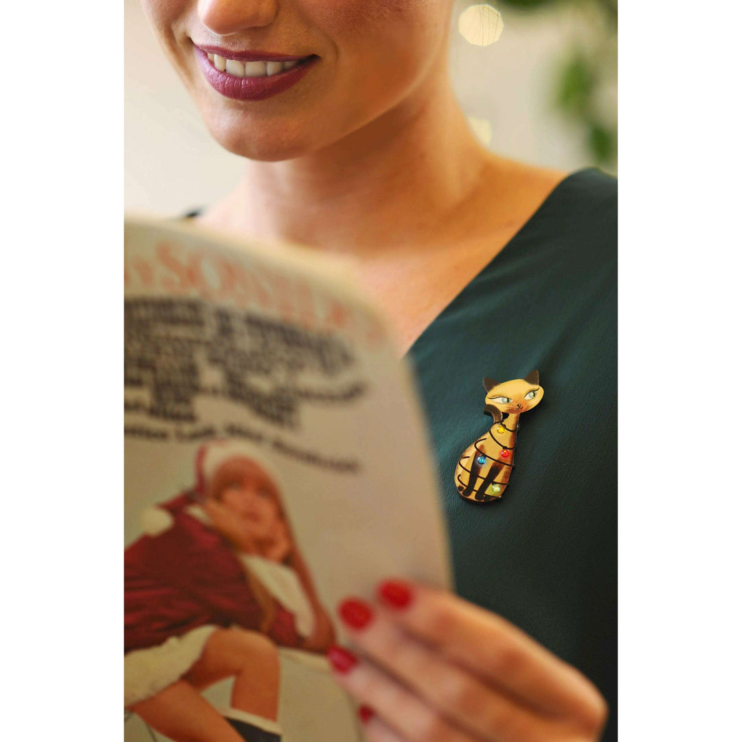 Siamese Cat with Christmas Lights Brooch