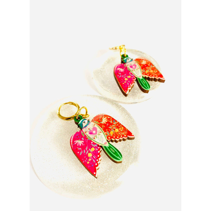 Large Bird Dangle Earrings on Huggie Hoops by Rosie Rose Parker