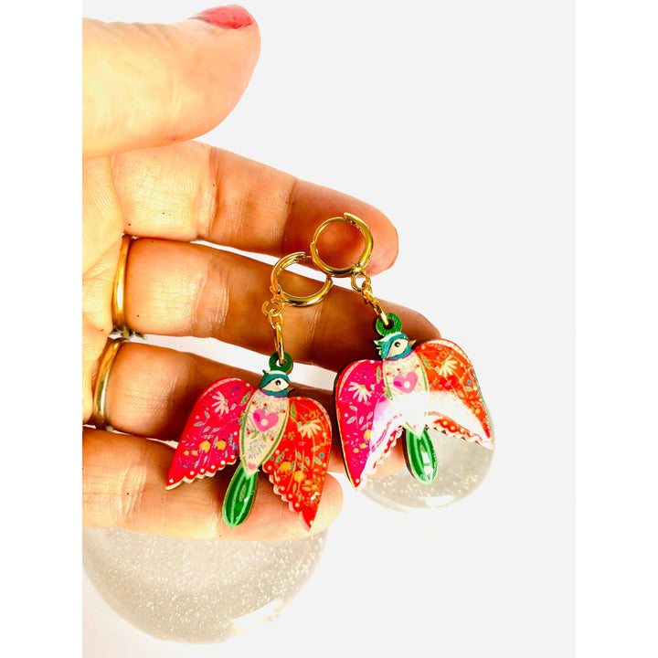 Large Bird Dangle Earrings on Huggie Hoops by Rosie Rose Parker