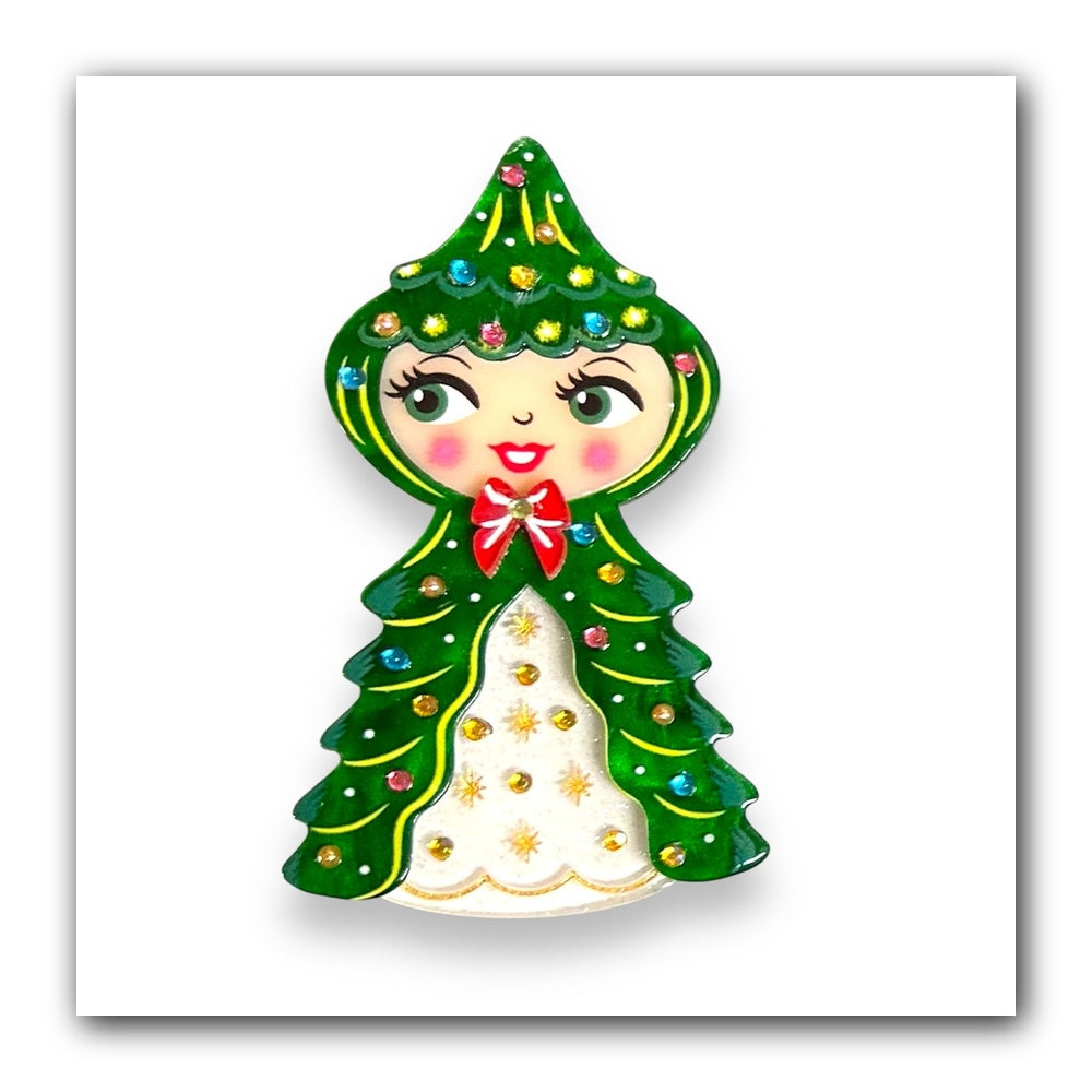 Holly Howard Tree Girl Brooch by Lipstick & Chrome x 50s Vintage Dame — Vintage Christmas Tree Acrylic Pin