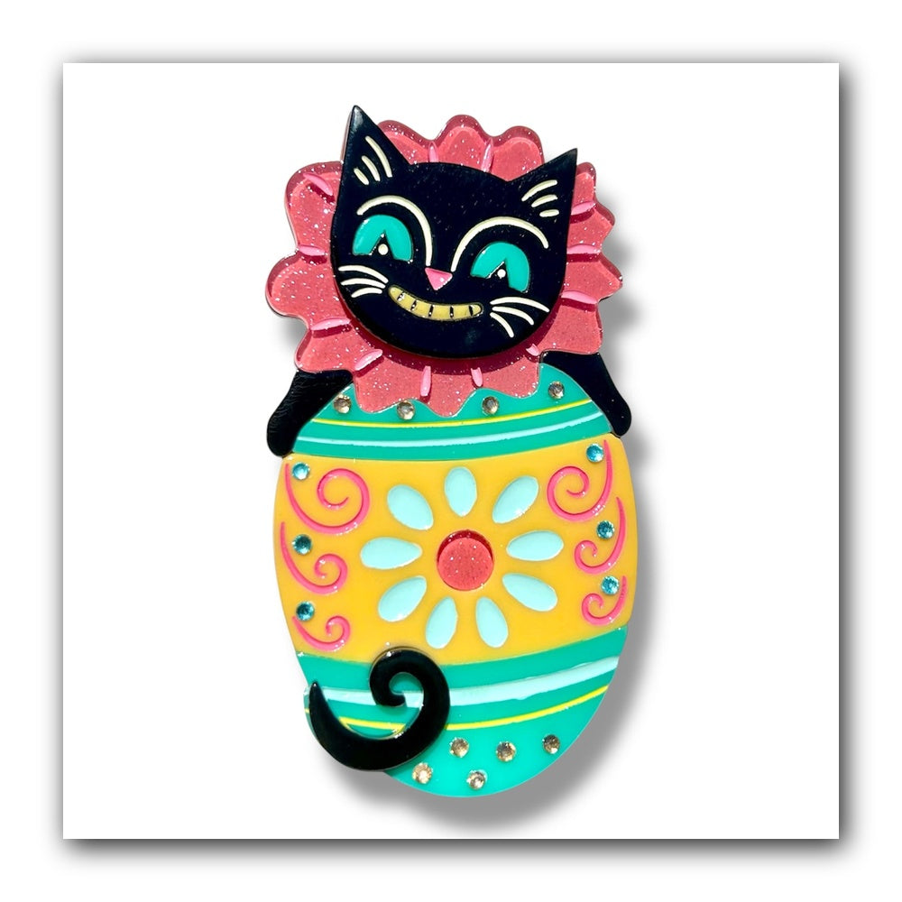 Eggcellent Easter Cat Brooch by Johanna Parker x Lipstick & Chrome — Folk Art Spring Pin