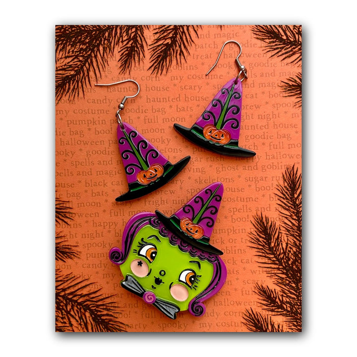 Hagatha and Her Hat Brooch & Earrings Set by Johanna Parker x Lipstick & Chrome — Halloween Witch Jewelry Set