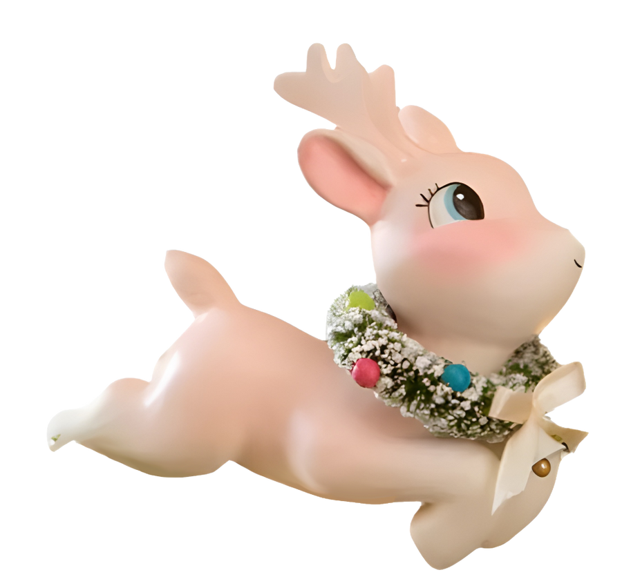 leaping reindeer figure with a wreath on a pink reindeer pinkmas bethany lowe