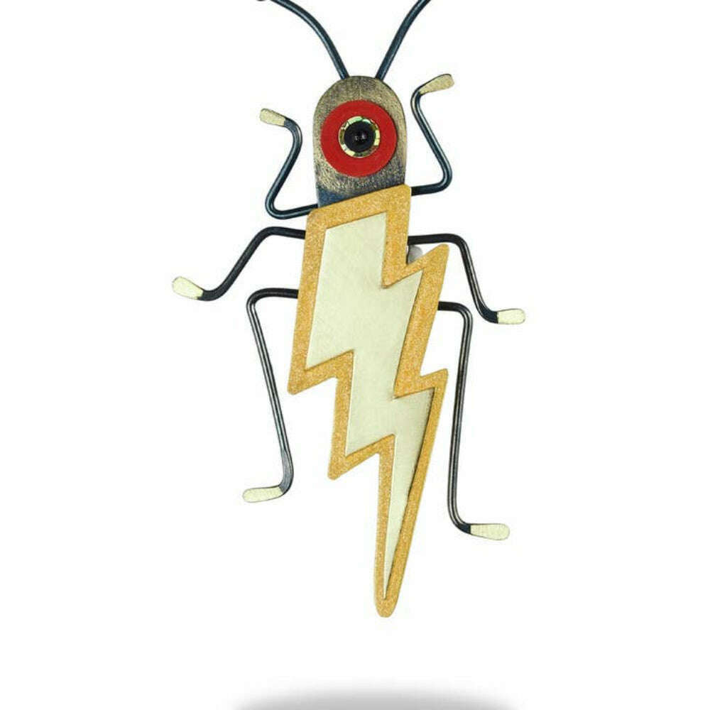 Chickenscratch Lightning Bug Brooch — handmade antiqued brass glow-in-the-dark firefly brooch with celluloid head, swinging legs, and hand-sharpened pin stem