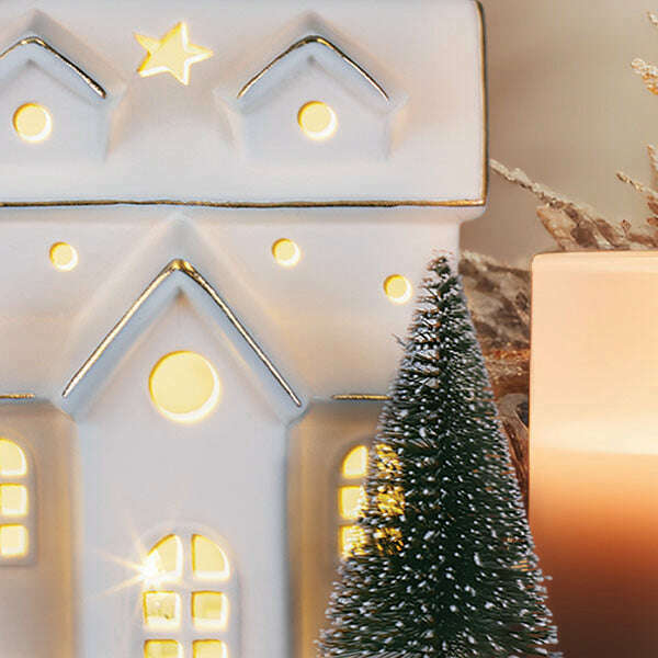 Lit Ceramic House With Trees