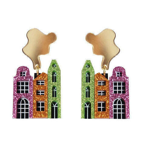 Colorful building-shaped earrings on a white background