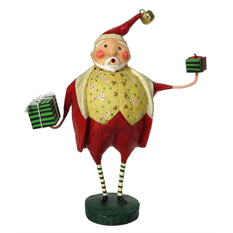 lori mitchell santa Decorative figurine of a jolly character holding gift boxes on a white background