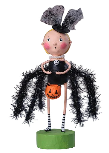 Halloween-themed figurine with black dress, pumpkin skirt, and spider web lori mitchell black widow halloween figurine 2026