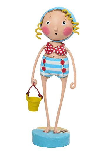 lori mitchell sandy Colorful figurine of a girl in a swimsuit holding a bucket on a light background