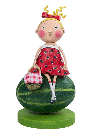 Figurine of a girl in a red dress sitting on a watermelonl ori mitchell sugar baby watermelon summer esc