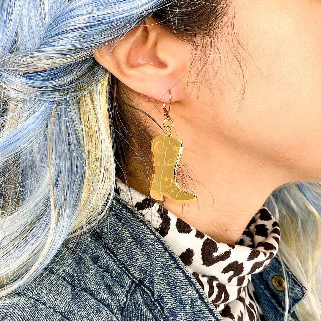 Space Cowboy Boot Dangle Earrings - Mirror Gold