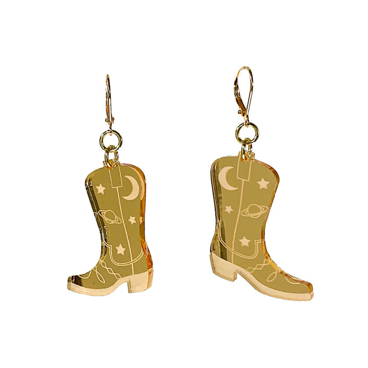 Space Cowboy Boot Dangle Earrings - Mirror Gold