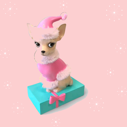 Sophie the Chiwee 11.5" Chihuahua in Pink Coat on Gift Box | Miss Fluff December Diamonds