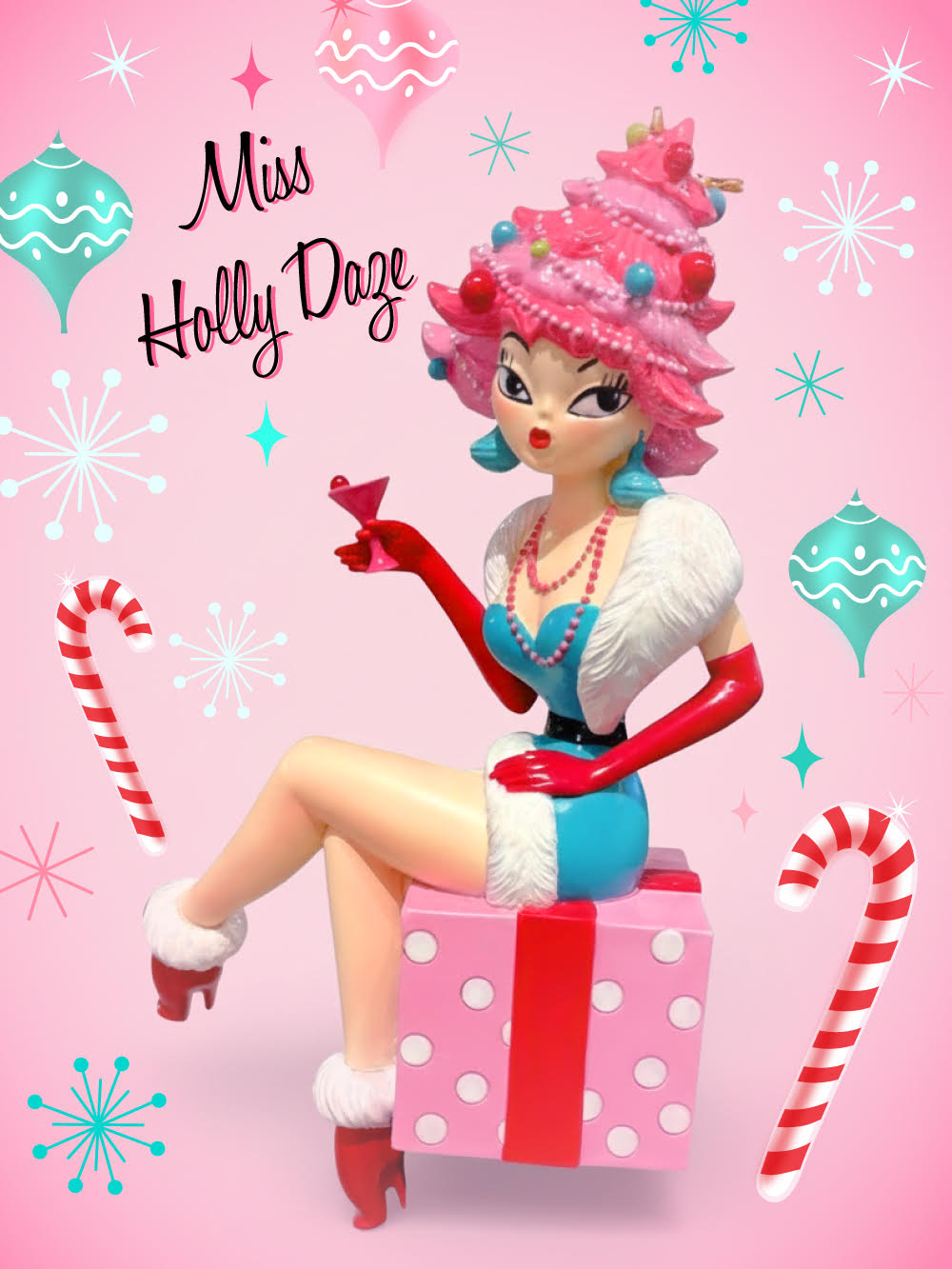 Miss Holly Daze 6.5" Martini Lady on Present Ornament | Miss Fluff December Diamonds