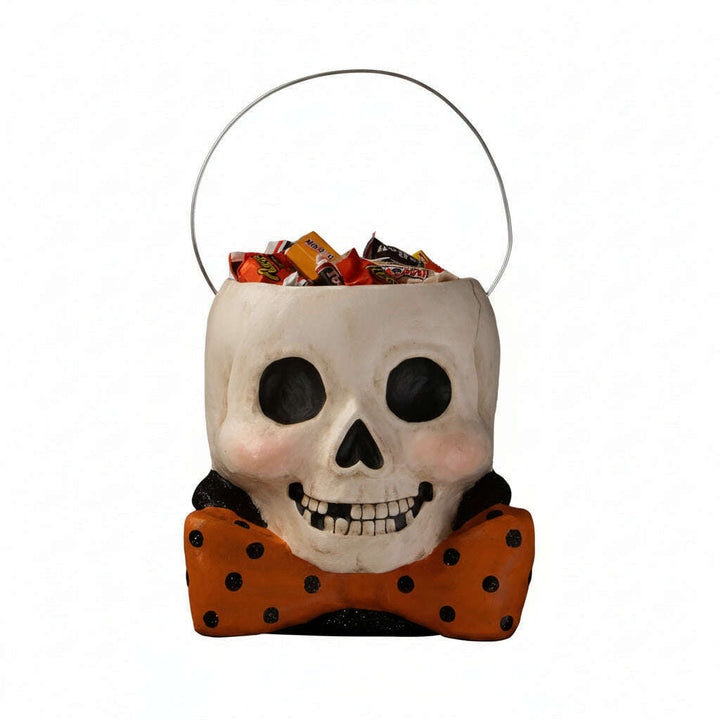 bethany lowe Halloween skull candy bucket paper mache vintage with a bow tie and candy 