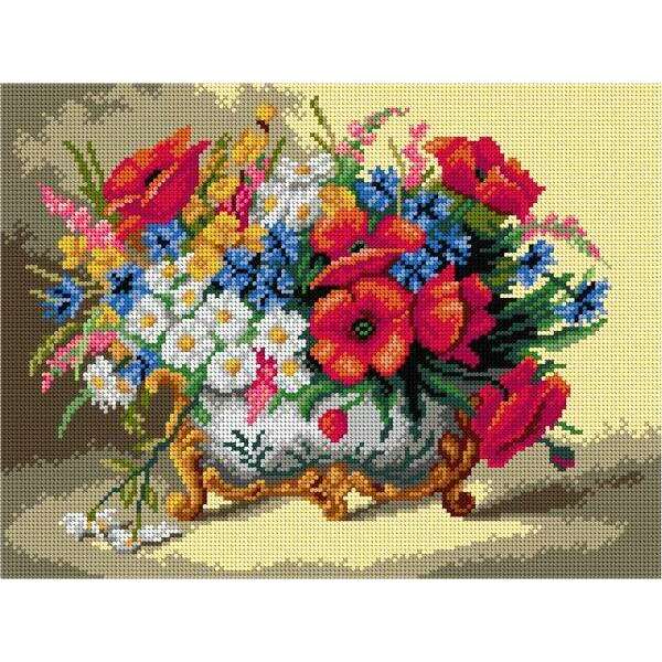 Needlepoint canvas for halfstitch without yarn after Eugene Henri Cauchois - Poppies, Daisies, and Mixed Summer Flowers 3233J - Printed Tapestry Canvas