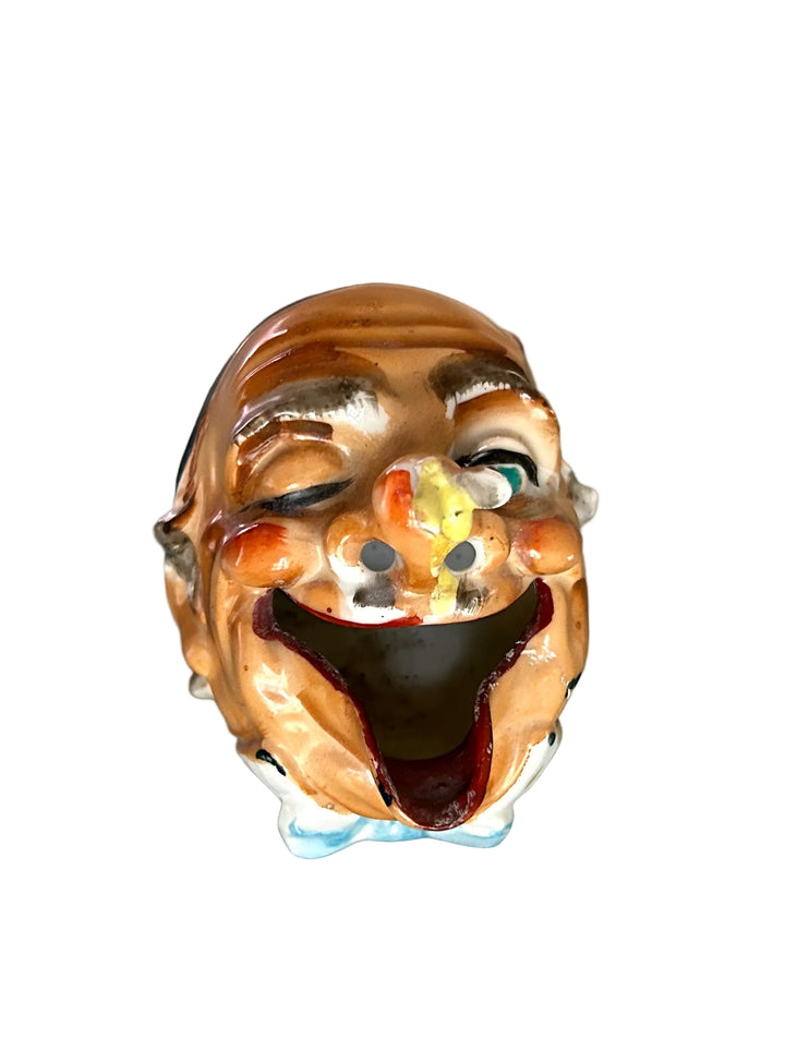 Vintage Japan laughing old man head ashtray with bee