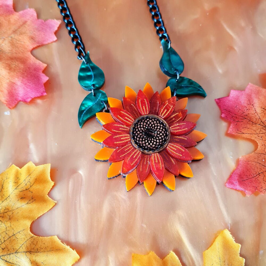 Orange Sunflower Pendant Necklace by Cherryloco Jewellery 