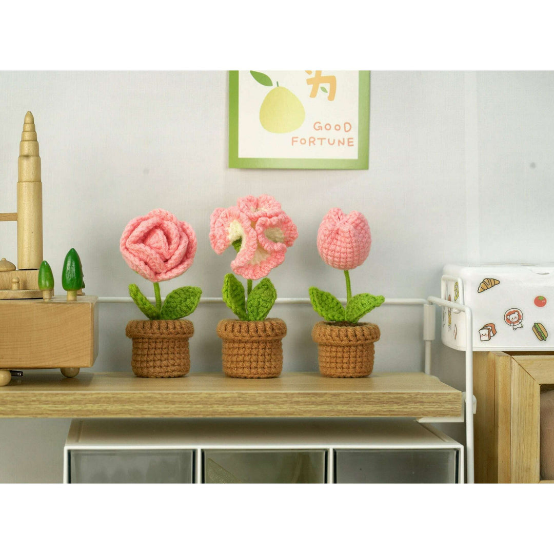 Pink and White Flowers. Potted Flower Amigurumi DIY Crochet Kit Wizardi F07N8-M23
