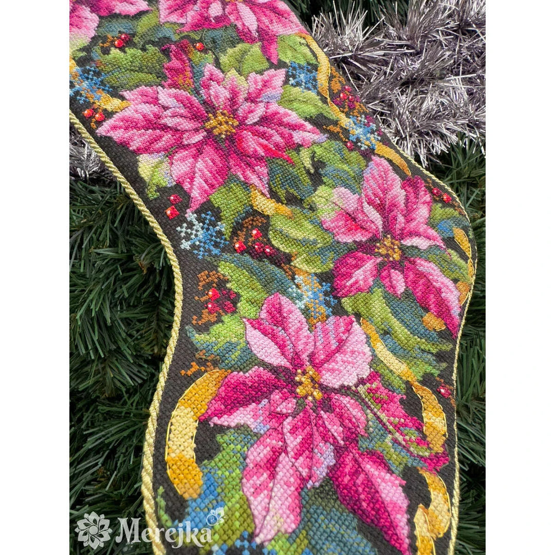 Pink Poinsettia Christmas Stocking K-262 Counted Cross-Stitch Kit