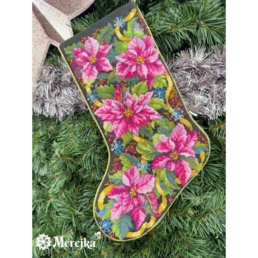 Pink Poinsettia Christmas Stocking K-262 Counted Cross-Stitch Kit