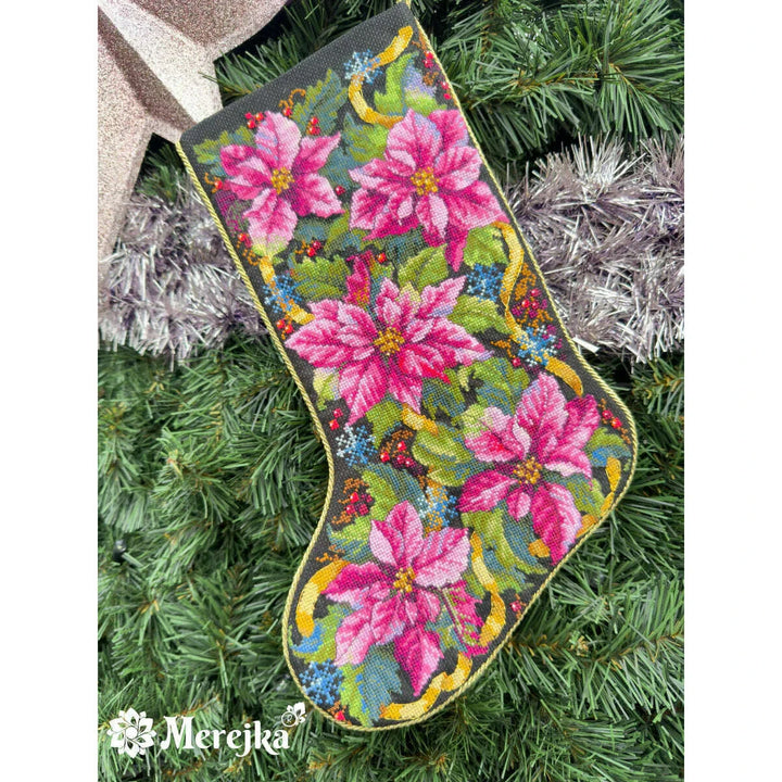 Pink Poinsettia Christmas Stocking K-262 Counted Cross-Stitch Kit