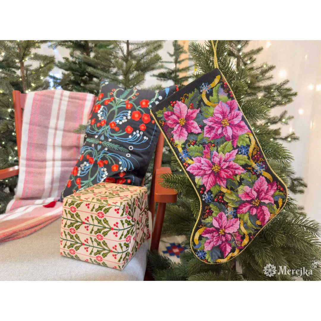 Pink Poinsettia Christmas Stocking K-262 Counted Cross-Stitch Kit