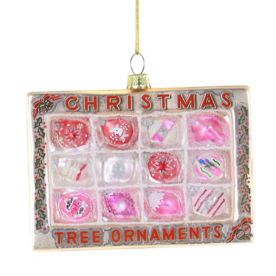 pink Decorative Christmas ornament with a vintage-style packaging design.