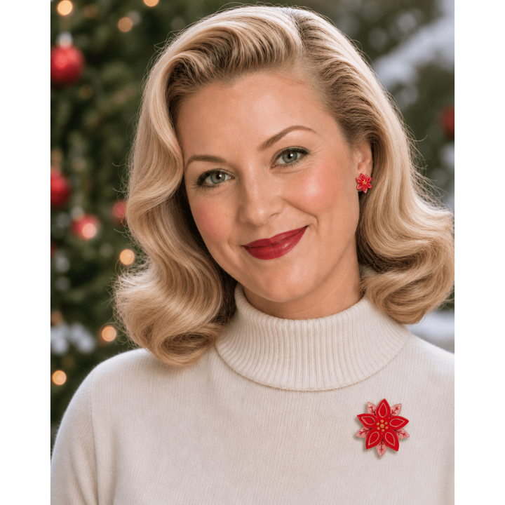 Pretty Poinsettia Brooch & Earring Set by Lipstick & Chrome – view 4