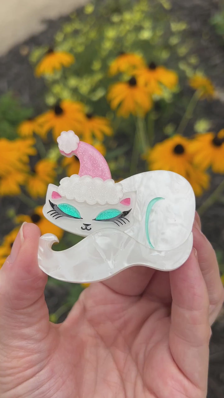 Christmas Cat Nap White Kitty Brooch by Miss Fluff and  Lipstick & Chrome — Pinkmas Holiday Kitten Pin  