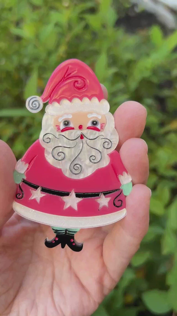 Video featuring the Jolly Old Elf Christmas brooch by Johanna Parker and Lipstick & Chrome. Holiday Santa pin.