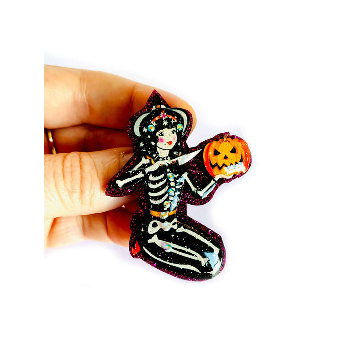 Pumpkin Carving Witch Brooch by Rosie Rose Parker