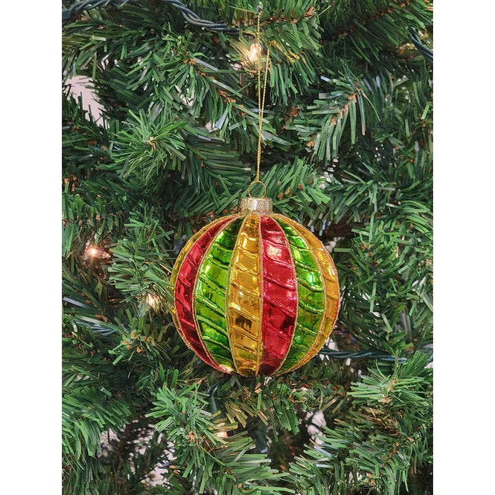 Red and Green Striped Ball Glass Christmas Ornament F07M7-35-LH76-23094