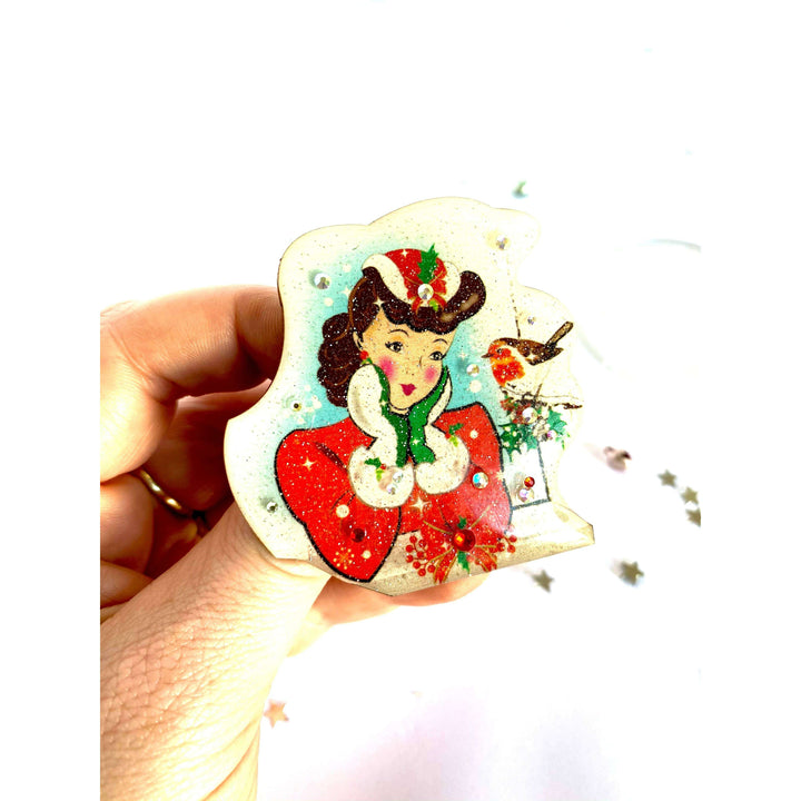 Red Robin and Christmas Lady Brooch by Rosie Rose Parker
