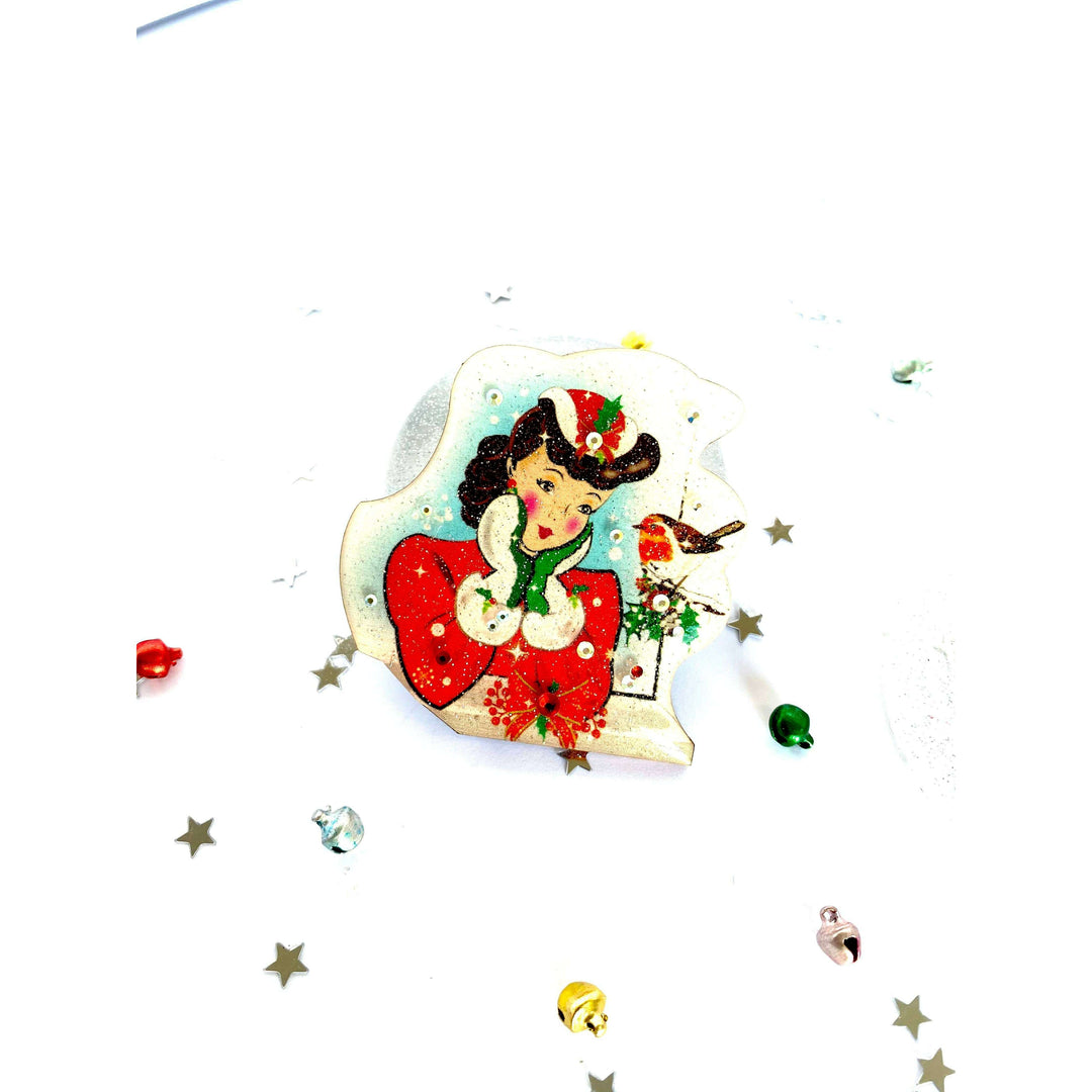 Red Robin and Christmas Lady Brooch by Rosie Rose Parker