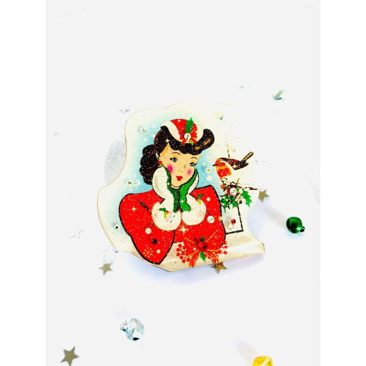 Red Robin and Christmas Lady Brooch by Rosie Rose Parker