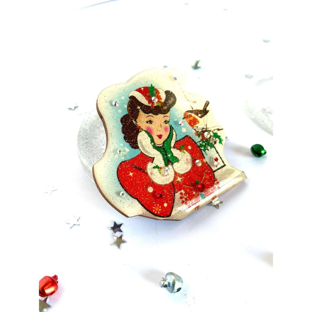 Red Robin and Christmas Lady Brooch by Rosie Rose Parker