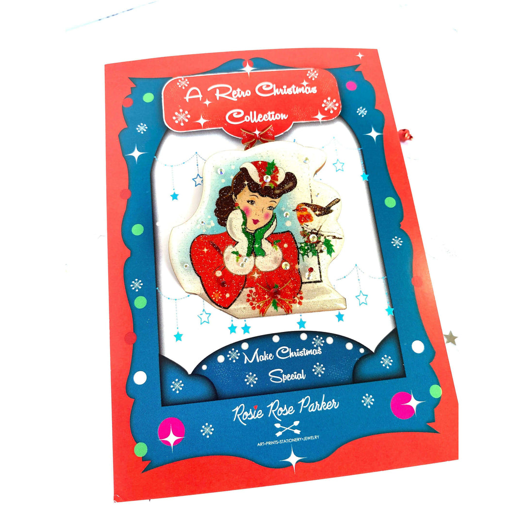 Red Robin and Christmas Lady Brooch by Rosie Rose Parker