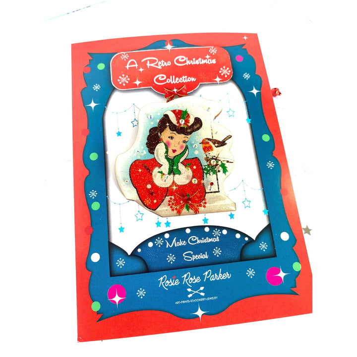 Red Robin and Christmas Lady Brooch by Rosie Rose Parker