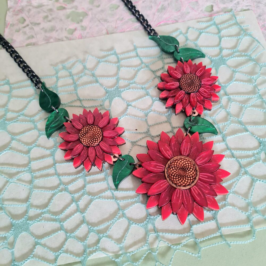 Red Sunflower Charm Necklace by Cherryloco Jewellery 