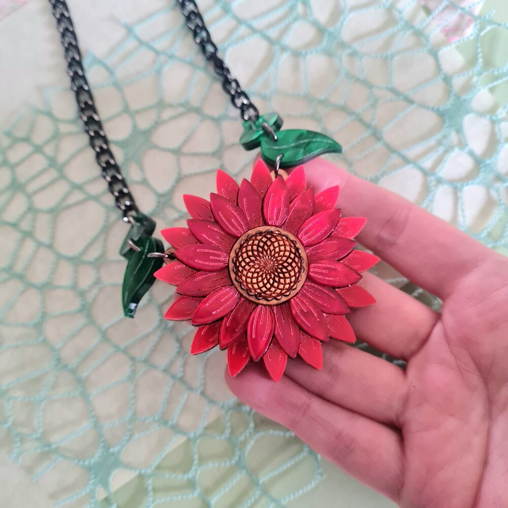 Red Sunflower Pendant Charm Necklace by Cherryloco Jewellery 1