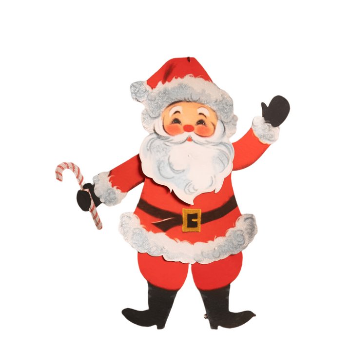 bethany lowe hanging Santa decoration with jointed head, arms, and legs, adorned with paper accents and glitter, holding a candy cane and posing playfully.