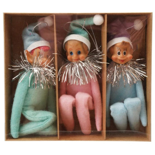Pastel MCM KneeHugger Elf Ornaments Set of 3 by Bethany Lowe