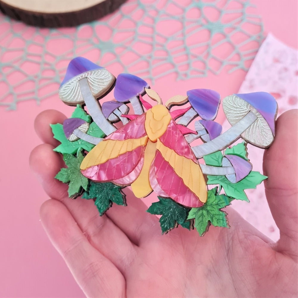 Rosy Maple Moth and Mushrooms Brooch or Necklace 1