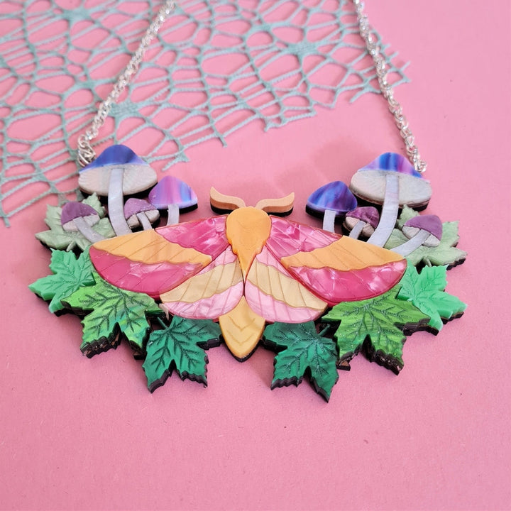 Rosy Maple Moth and Mushrooms Statement Necklace 2
