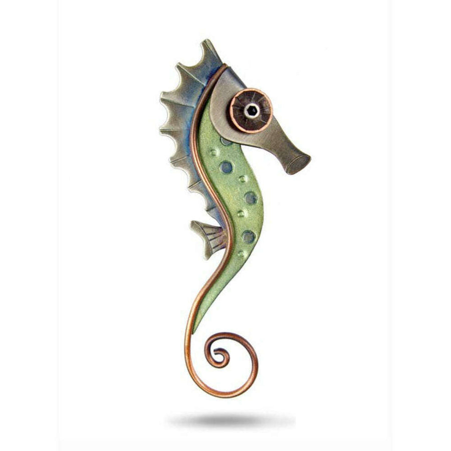 Chickenscratch Seahorse Brooch — handmade antiqued nickel silver and copper seahorse with green mica powder belly, 3.5 inch artisan brooch made in USA