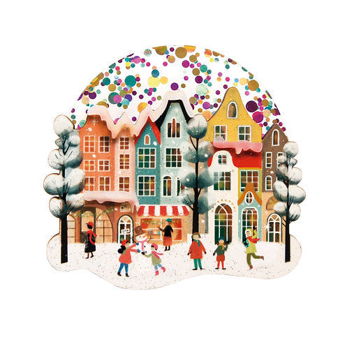 Illustration of a snowy village scene with colorful houses and people.