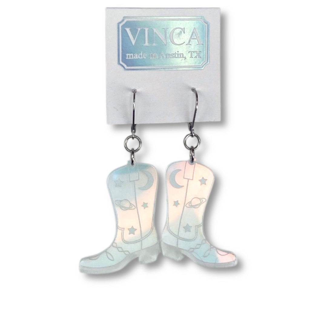 Space Cowboy Boot Dangle Dangle Earrings - Iridescent